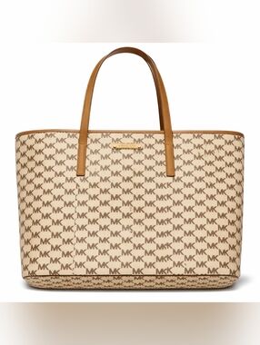 Michael Kors Large Jet Set Travel Tote Vanilla MK Signature PVC Brown Leather